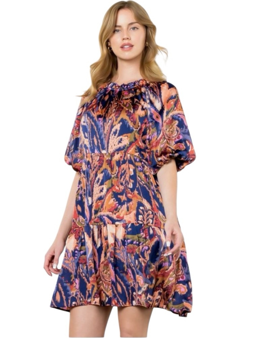 THML Puff Sleeve Tiered Print Dress
Navy